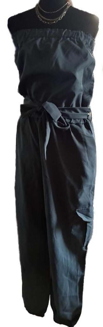 Blue Strapless Cupro Utility Cargo Jumpsuit with Waist Tie size medium